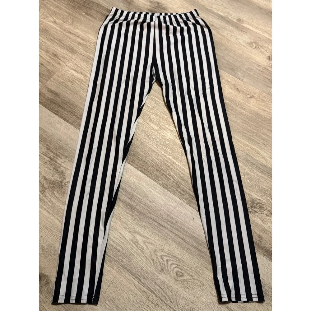 Womens Black White Striped Leggings Pants Boho‎ Casual Size M